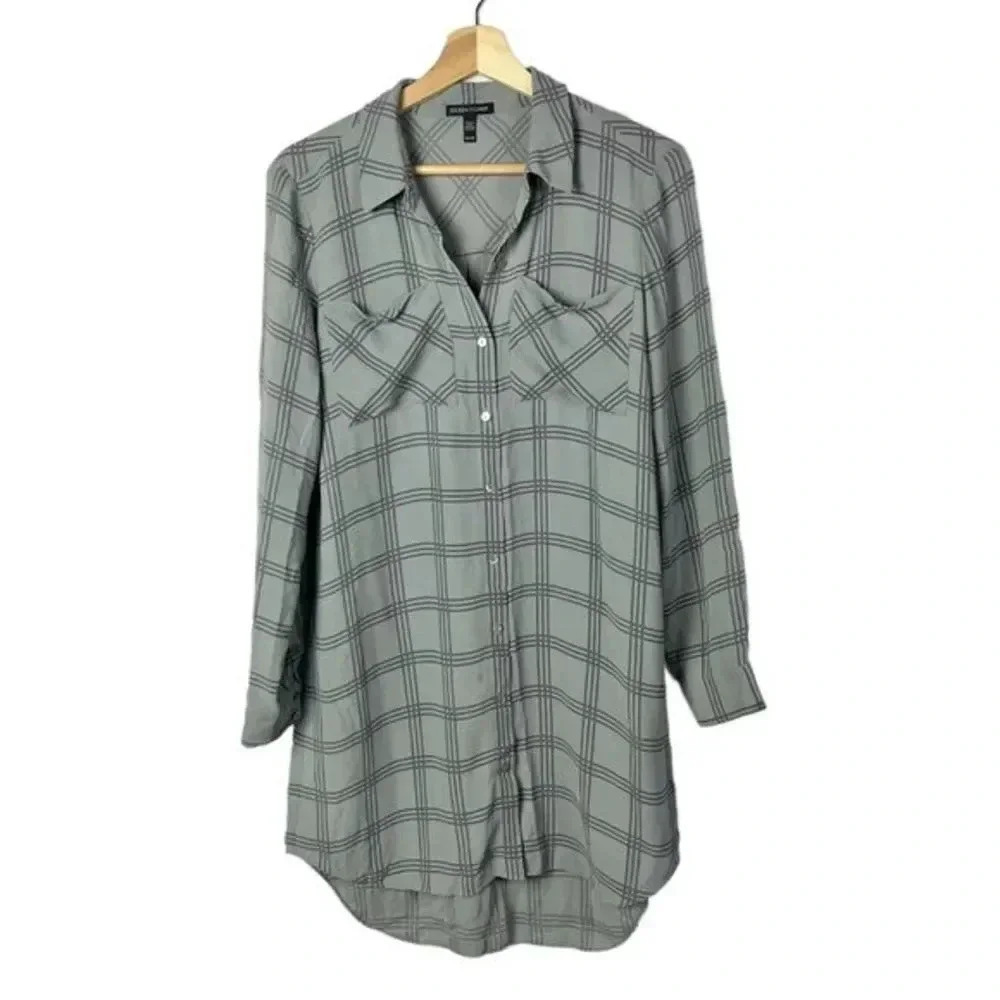 Eileen Fisher Gray Silk Plaid Georgette Long Sleeve Button Down Mini Tunic Dress